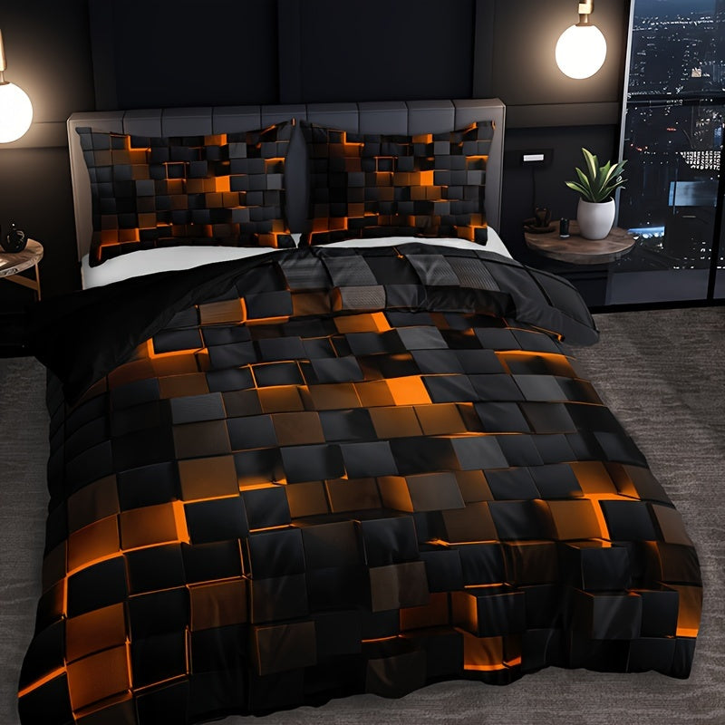Grid Print Bedding Set 3-Piece Duvet Cover and Pillowcases for Bedroom or Guest Room