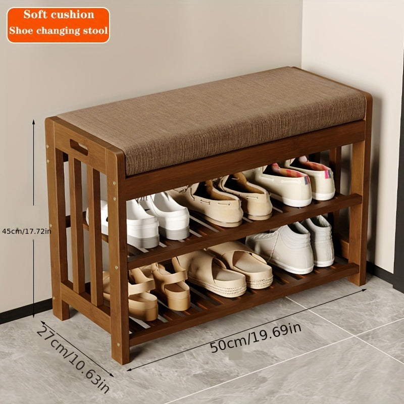 Brown Bamboo Shoe Changing Stool with Dustproof Door Entryway Organizer