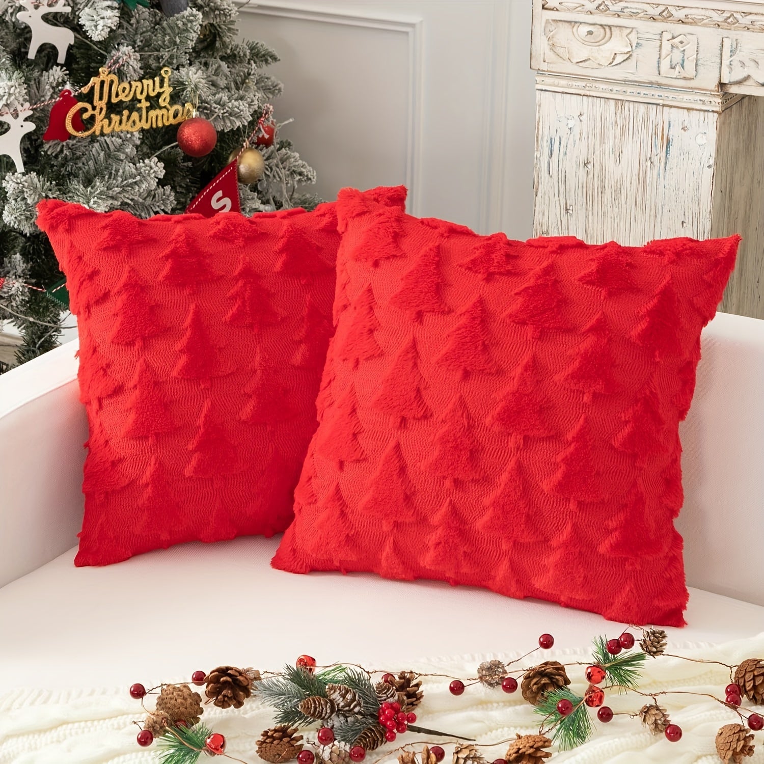 Christmas Tree Pillow Cover Faux Fur Jacquard 45.72cm Zippered Washable Home Decor