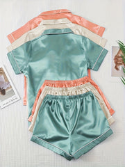 Women's Satin Pajama Sets Short Sleeve Collar Tops Bow Shorts Loungewear Summer