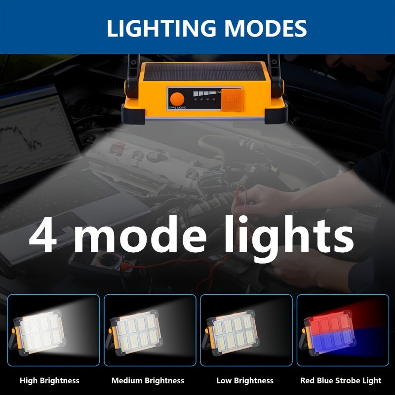 144 ta ultra-yorqin LED bilan portativ floodlight, quyosh va USB orqali zaryadlanadigan, 3600mAh batareya, favqulodda vaziyatlar, lagerda, baliq ovlash uchun ideal. Mustahkam plastik material, ochiq havoda quyosh energiyasi bilan ishlaydigan floodlight.