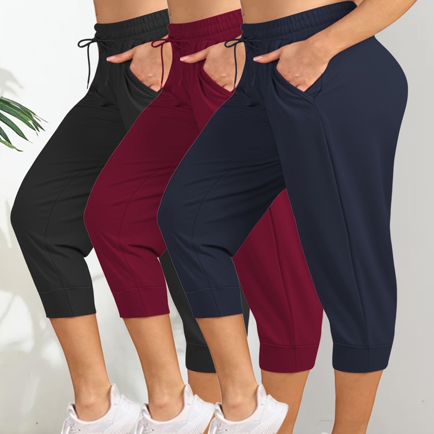 Plus Size Drawstring Side Pocket Cropped Joggers Three Pack Loose Fit Pants