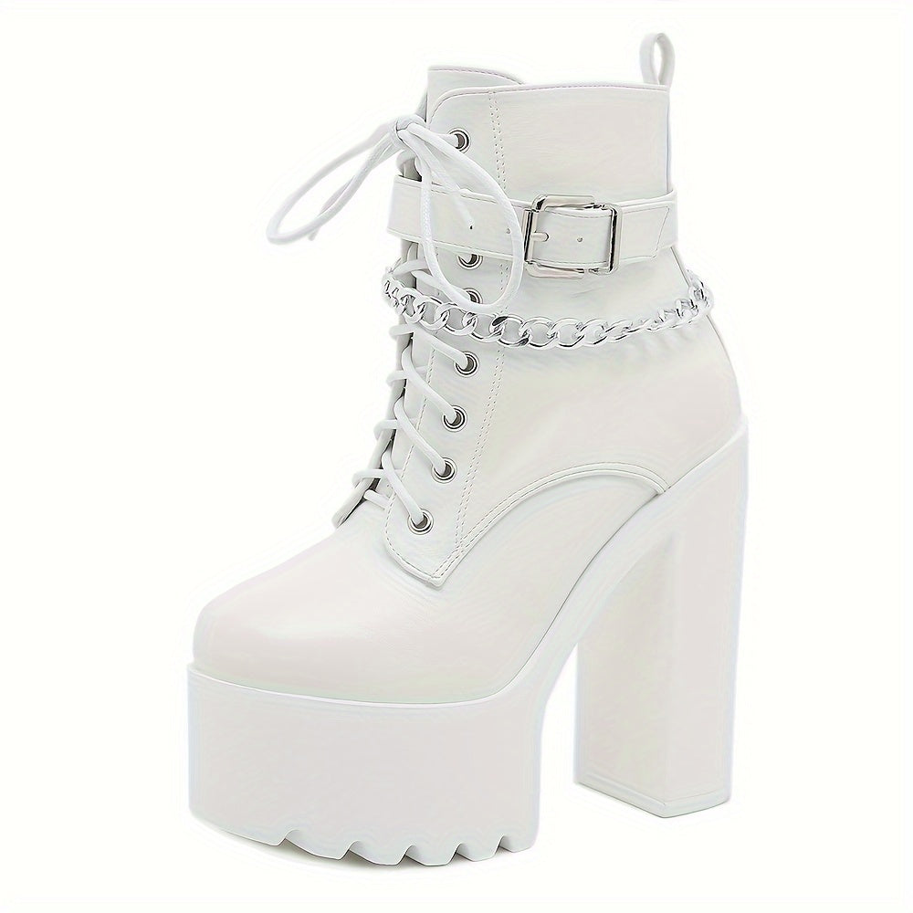 Women's Ankle Boots with Chain Decor Block Heel Lace-Up Side Zipper All-Season