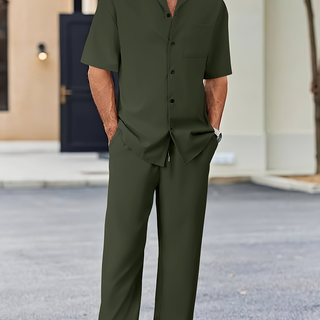 Men's Casual Suit-Inspired Set Short Sleeve Shirt and Loose Pants Polyester