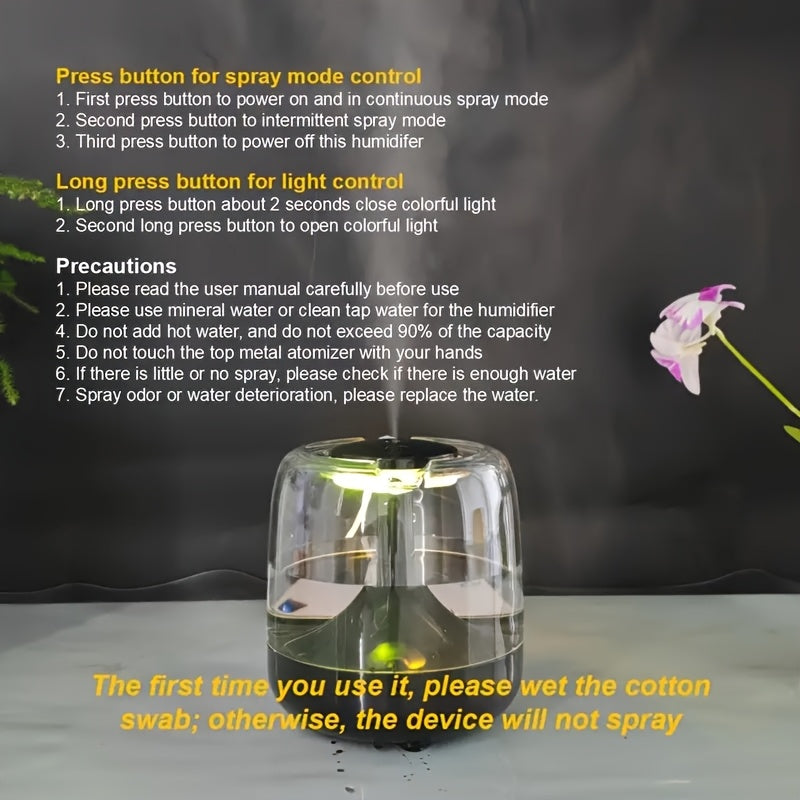 Colorful Transparent USB Humidifier with Night Light, Silent Mist, Portable