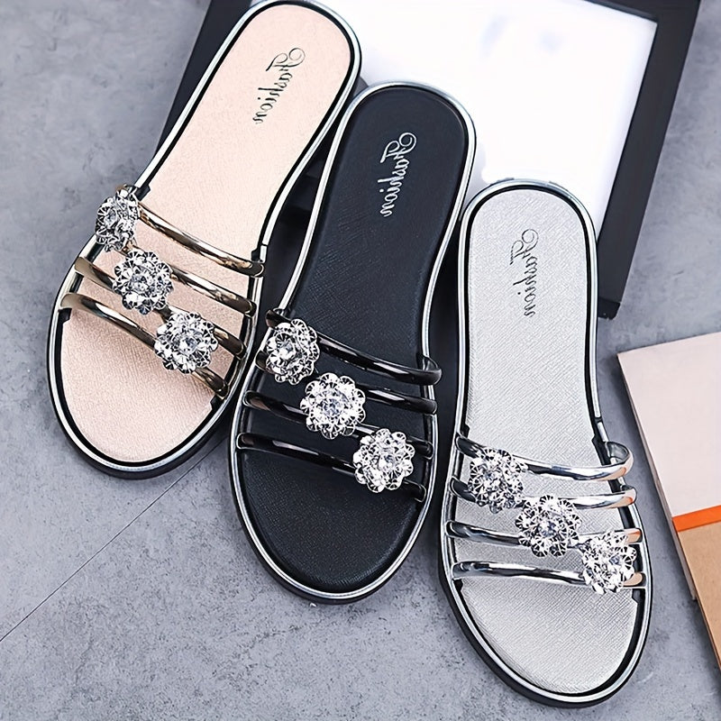 Ayollar uchun rhinestone gulli bezakli tek sandalki yozgi plyaj slaydlari ochiq barmoqli