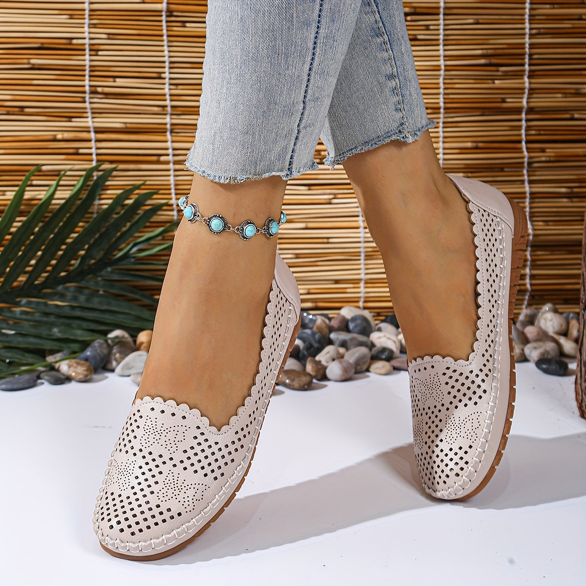 Women's Perforated Synthetic Loafers Slip-On Flats Beige White Cushioned