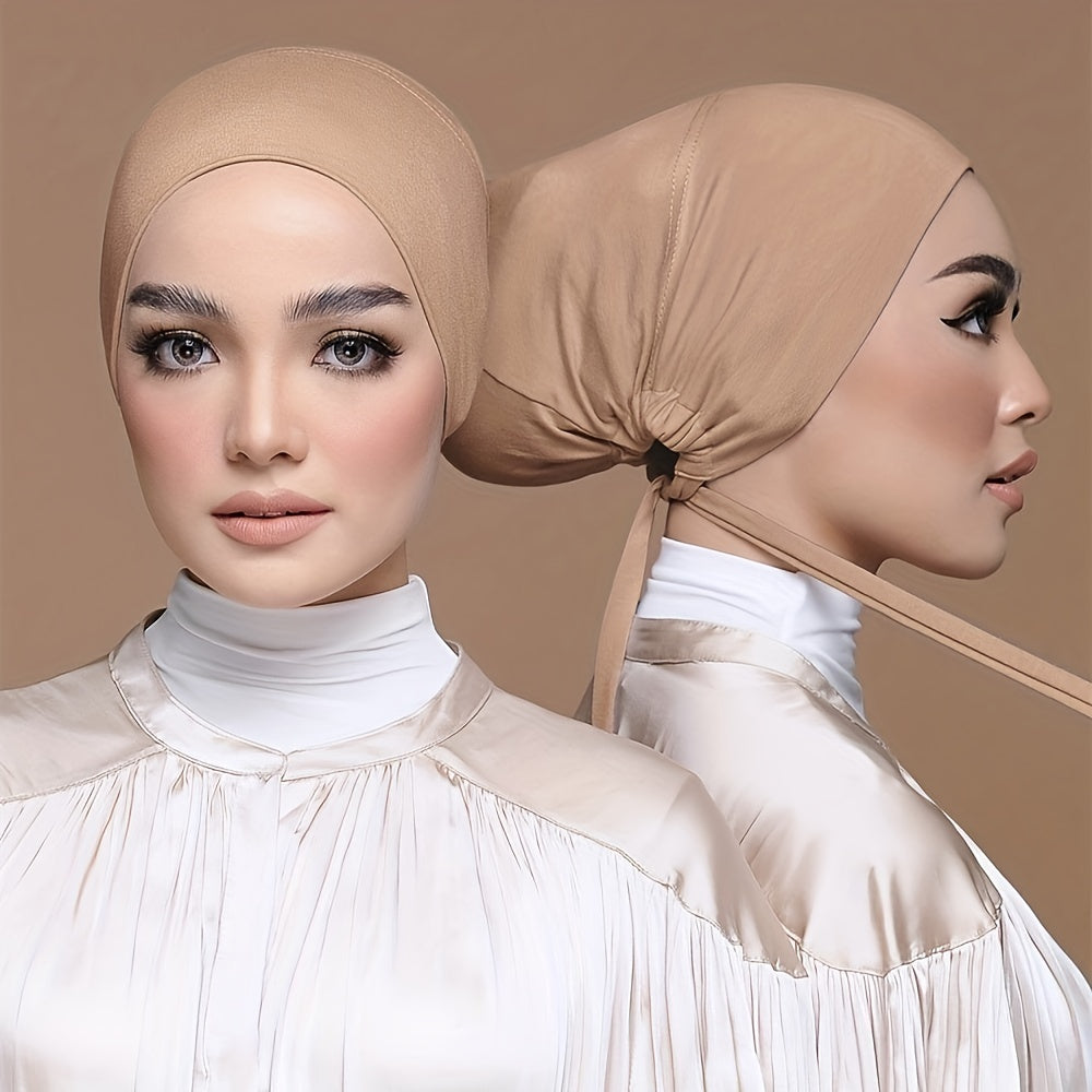 Set of 2 Solid Color Tied Back Undercaps with Elastic Inner Hijab Caps for Women