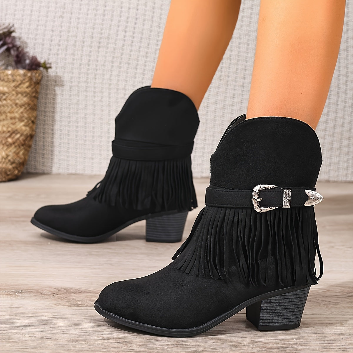 Women's Mid-Calf Faux Leather Slip-On Boots with Tassel and Flared Heel