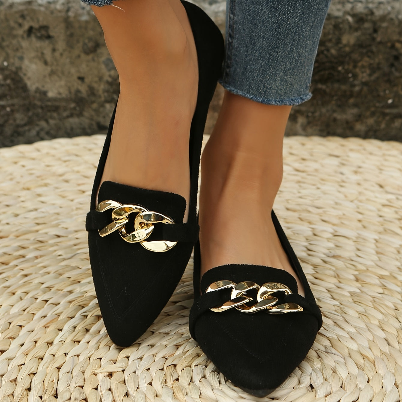 Women’s Metallic Chain Detail Pointed Toe Flats for Work and Casual