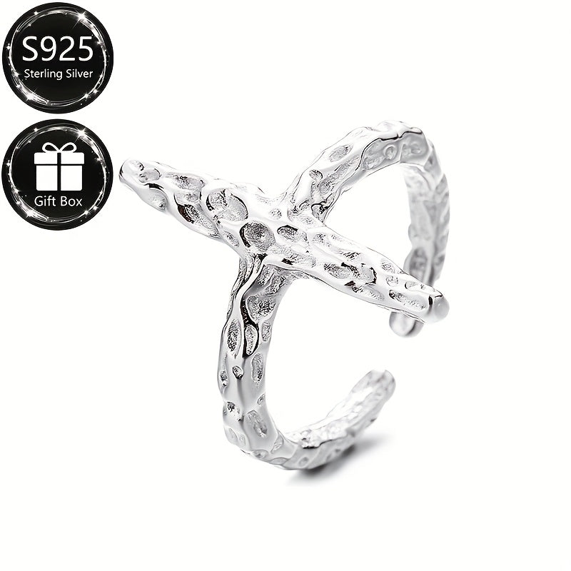 Sterling Silver Adjustable Open Cross Ring Textured Folding Pattern Unisex Jewelry