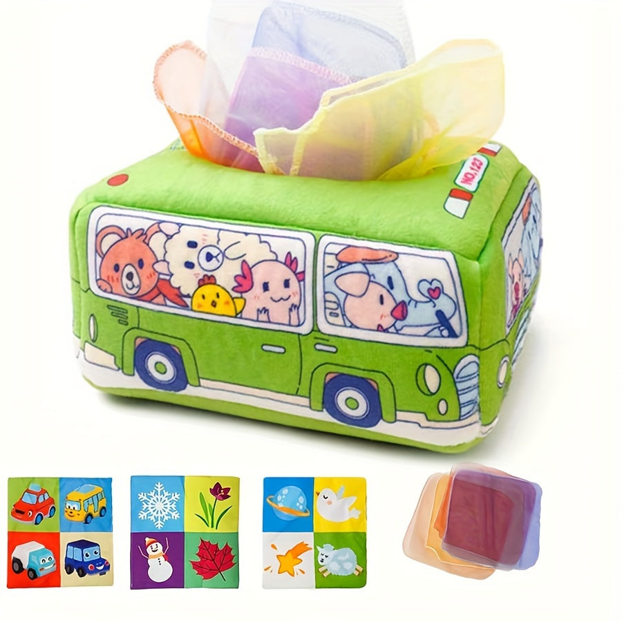 Yumshoq mato bolalar uchun tissue qutisi o'yinchoq, sezgirlik o'yini uchun, krinkli ovozli, ko'p rangli transport vositasi, 0-3 yosh