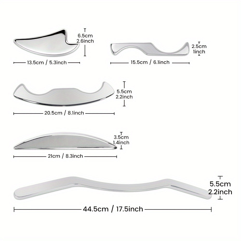 Stainless Steel Gua Sha Massage Set 5 Pieces for Back Legs Arms Neck Shoulders with Travel Pouch