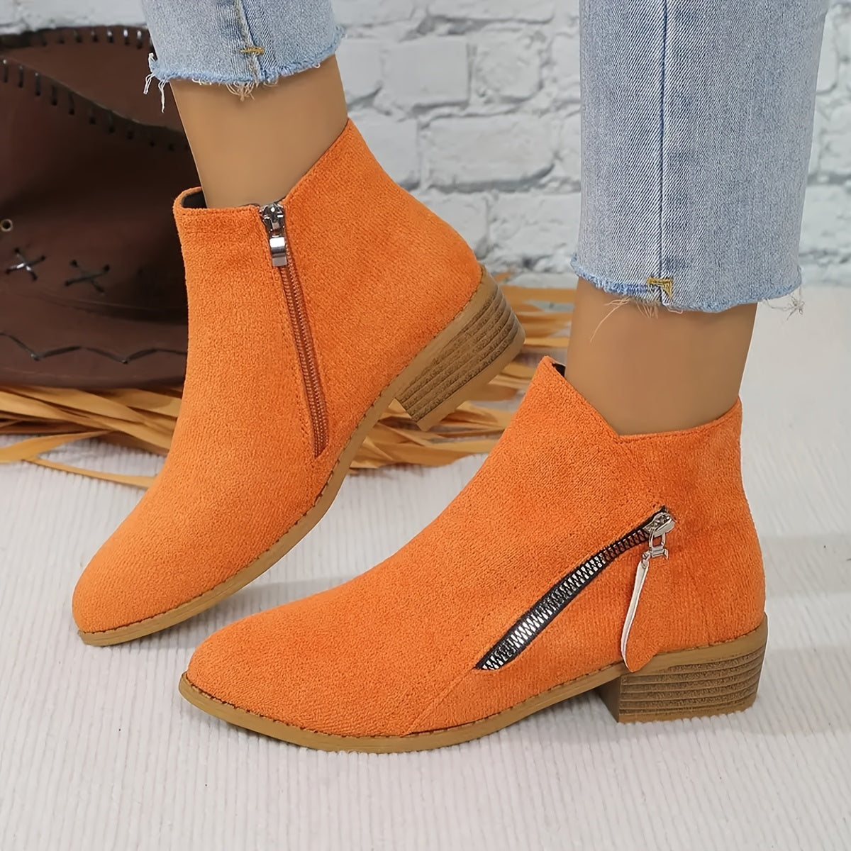 Women's Velvet Low Heel Ankle Boots with Side Zipper Casual Shoes
