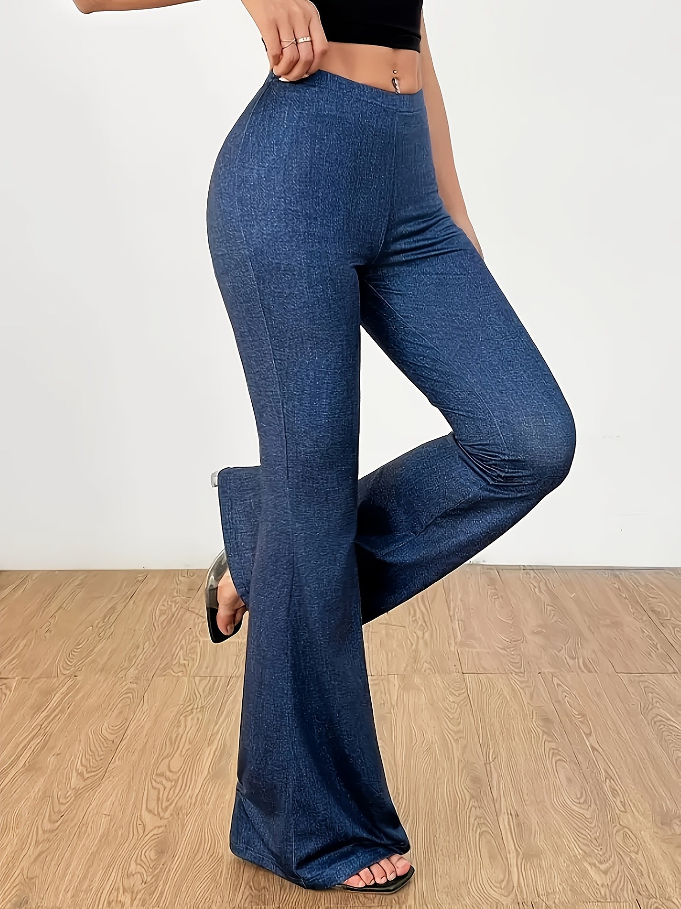 Women's Plus Size Flare Leg Pants Stretch Denim Dark Blue High-Waisted Bell Bottoms