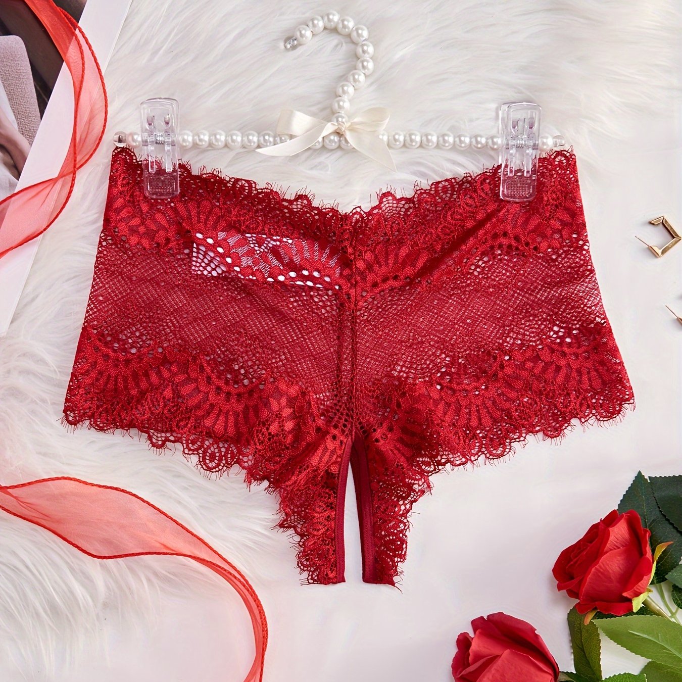 Women's Sheer Nylon Blend Lace Panties Mid-Rise Crotchless Lingerie