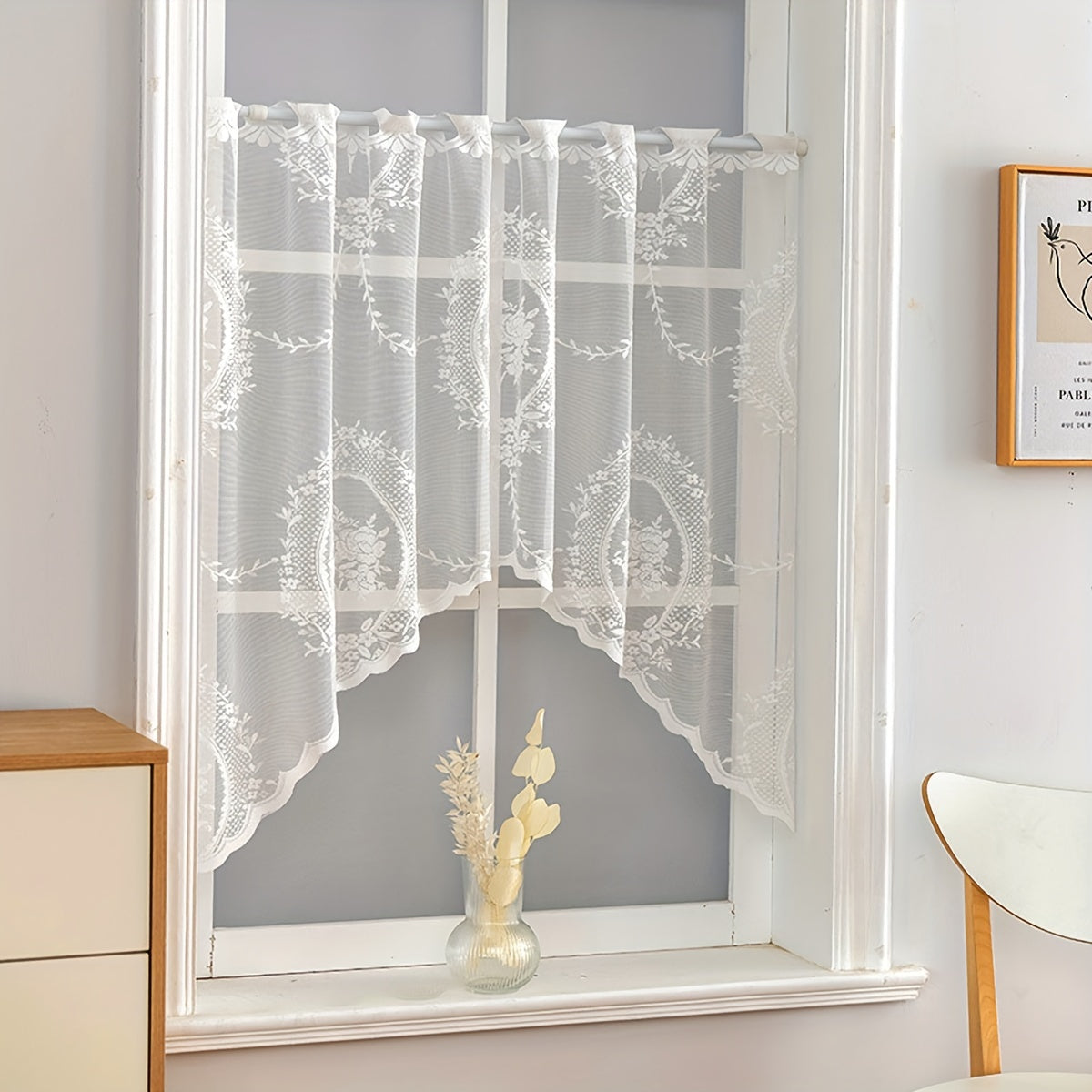 Lace Curtain Tiers with Rod Pocket Short Cafe Window Cover for Kitchen Bathroom Bedroom