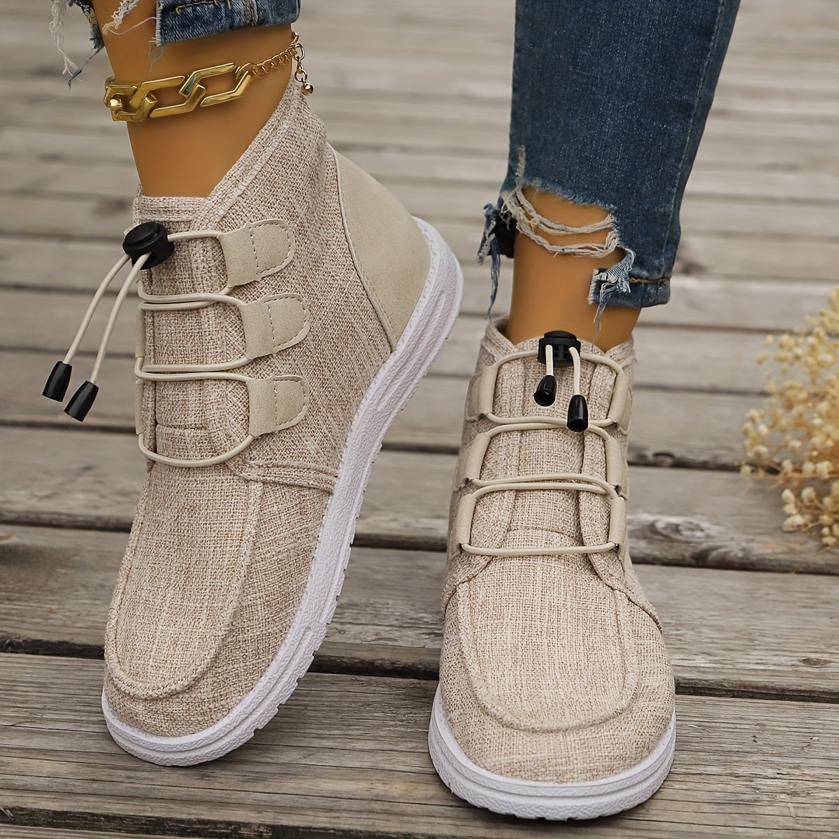 Women's Casual High-Top Sneakers Breathable Fabric Rubber Sole Beige All-Season