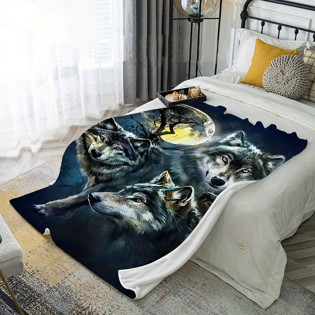 Contemporary Wolves in Moonlight Flannel Fleece Throw Blanket for Sofa Bed Camping