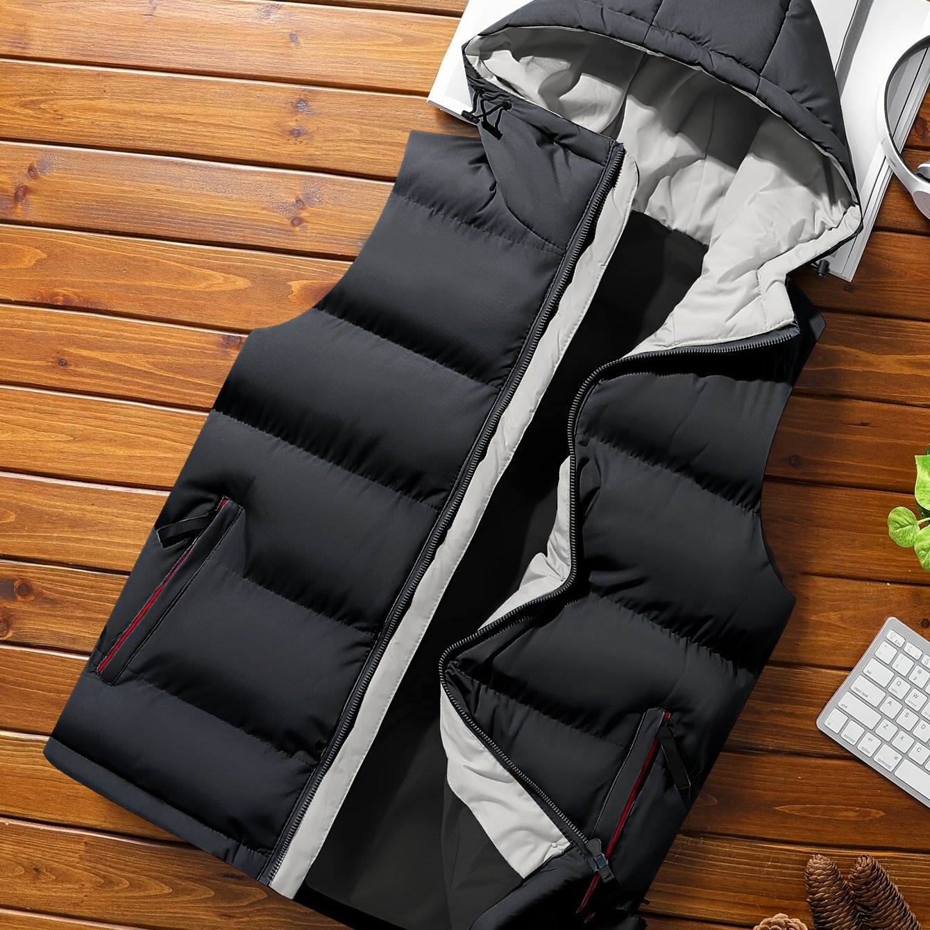 Erkaklar uchun zaytun yashil kapüşonli jilet, fermuarlı cho'ntaklar bilan, yengsiz, mashinada yuvish mumkin bo'lgan polyester, kuz/qish uchun ideal.