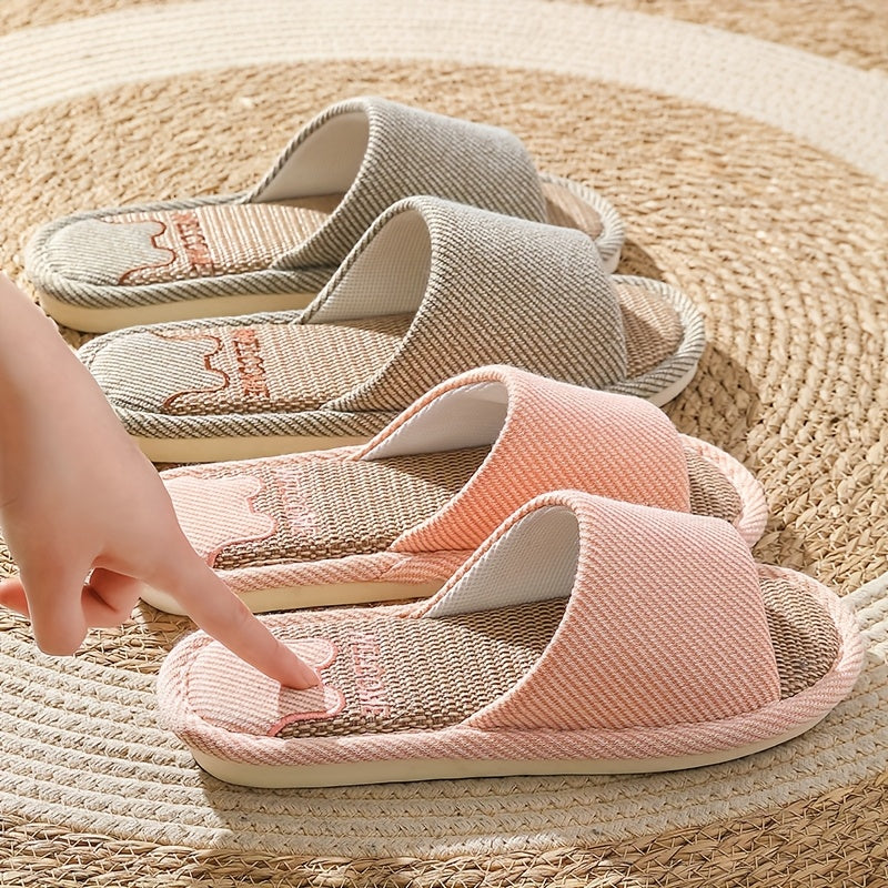 Женские льняные тапочки с мультяшным дизайном, дышащие, нескользящие, домашняя обувь