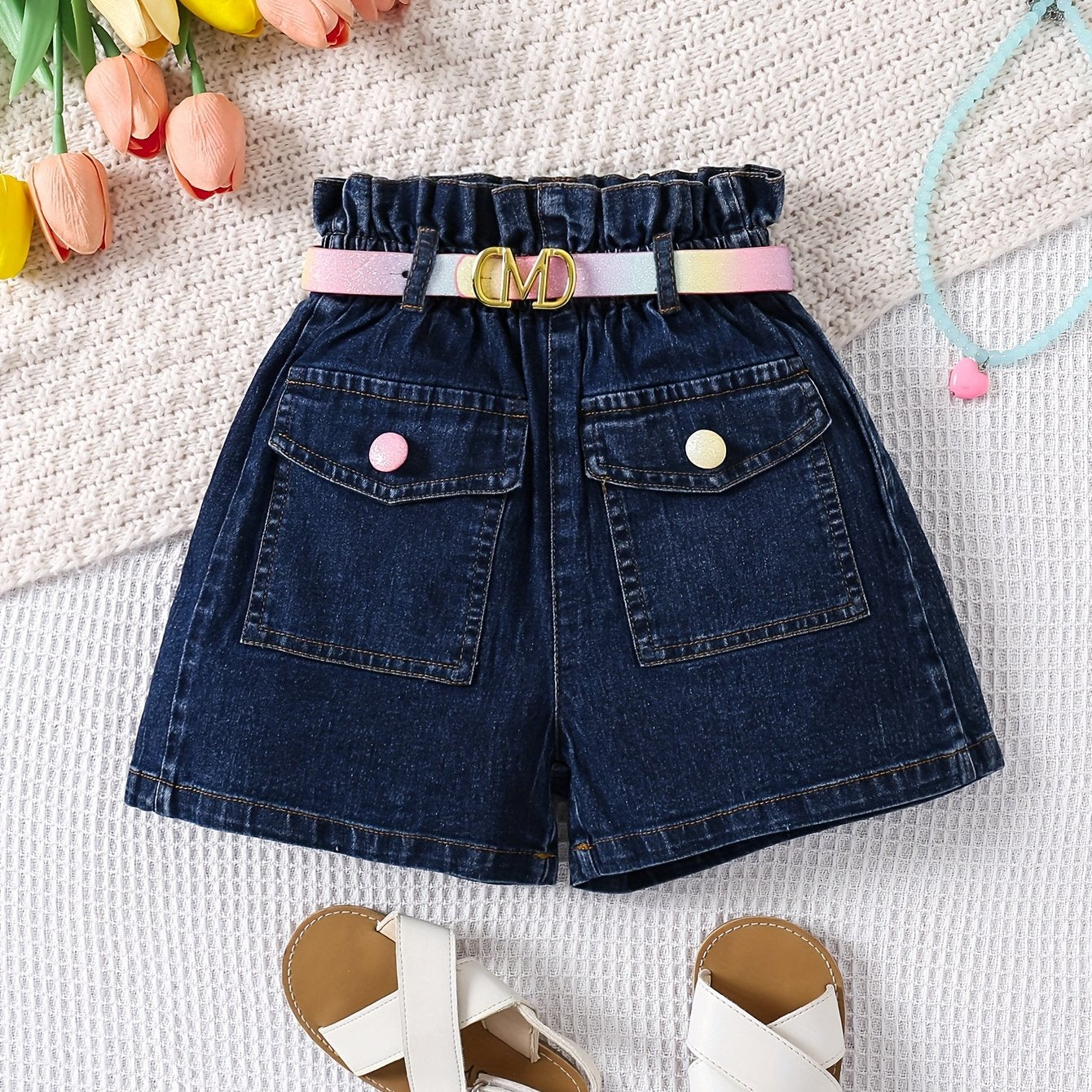 Girls' High-Waist Denim Shorts with Adjustable Belt and Pockets for Spring Summer Fall