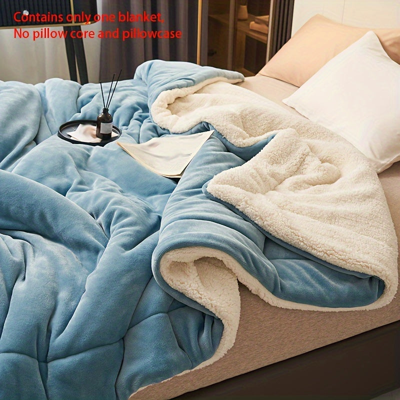 Light Blue Double Layer Blanket Made of Milk Fleece and Lamb Fleece for Cozy Relaxing