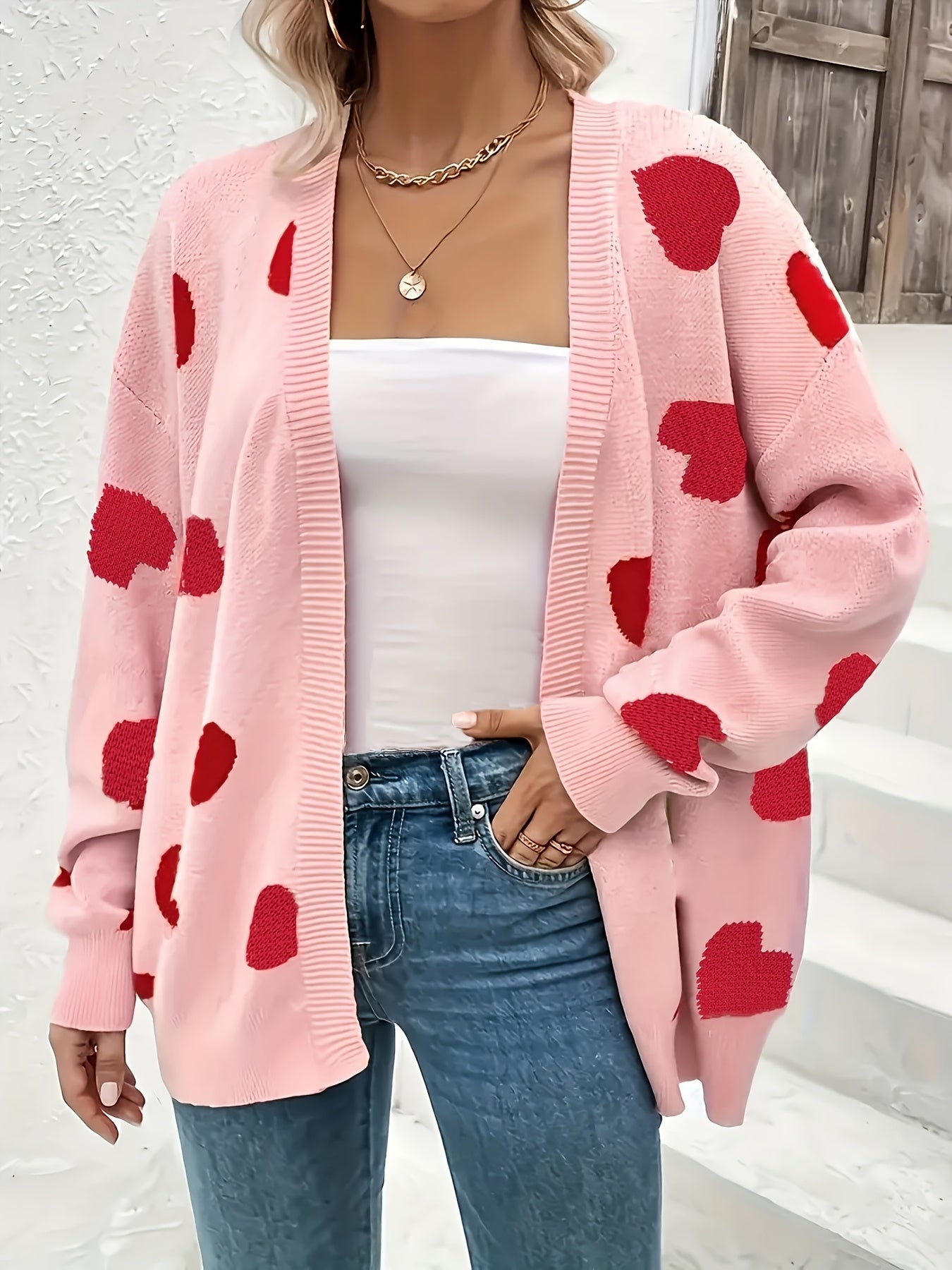Plus Size Women's Pink Heart Pattern Cardigan Long Sleeve Open Front Sweater