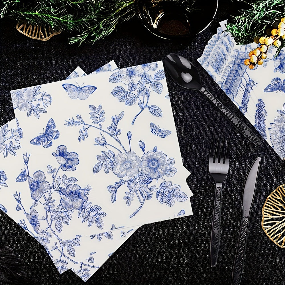Blue and White Floral Party Supplies Set for Weddings and Events Includes Plates Napkins Cups