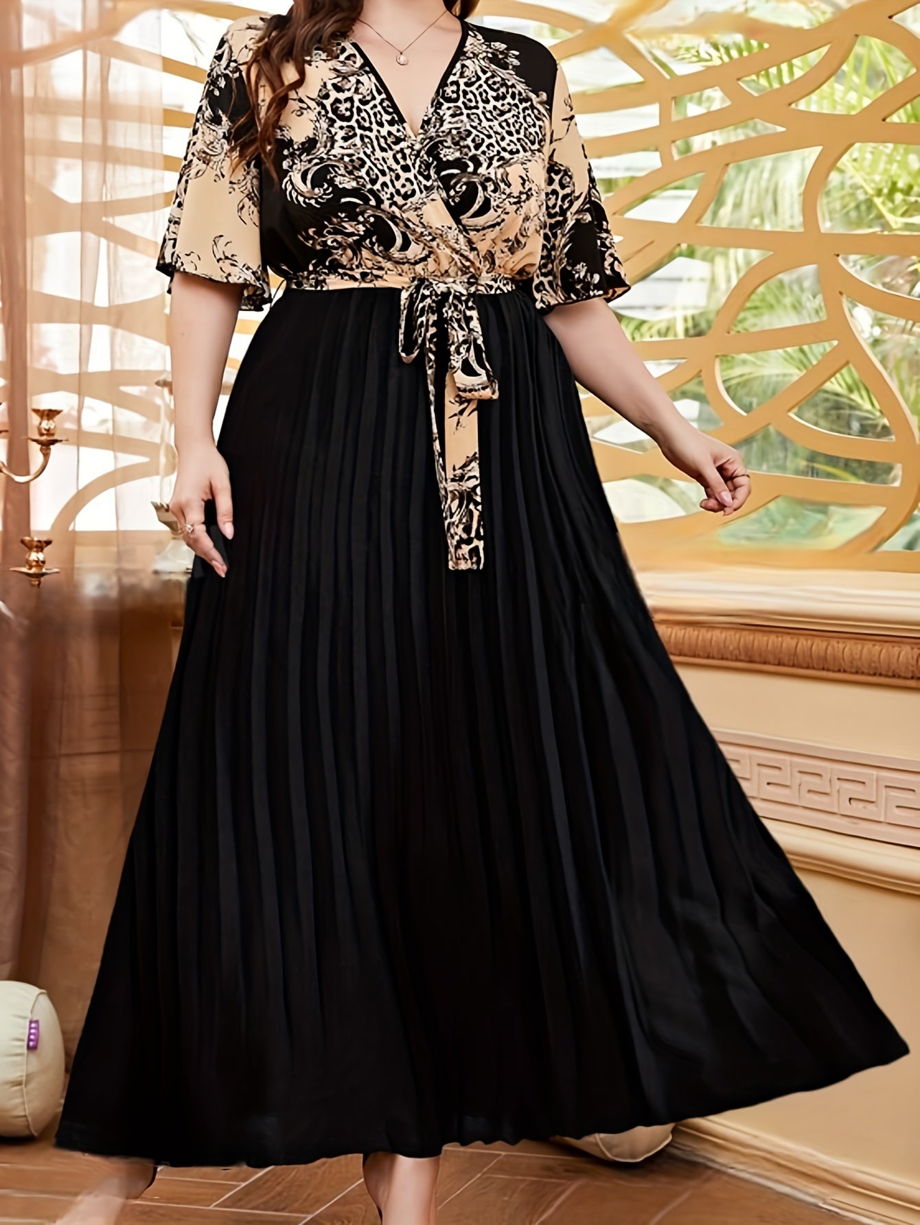 Plus Size Floral Print Pleated Dress with Belt V-Neck Short Sleeve Summer Midi