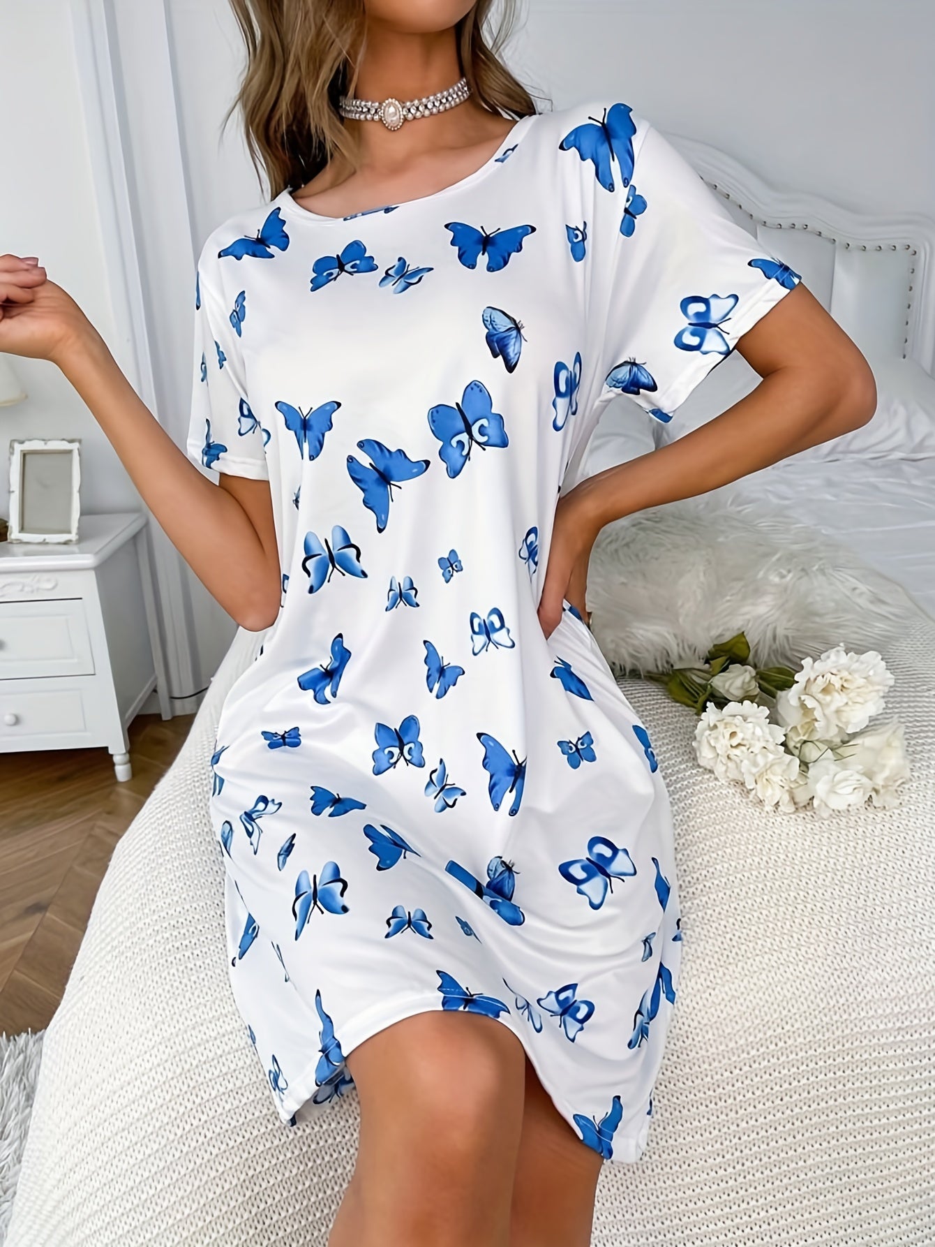 Vestido de pijama con estampado de mariposas para mujer, manga corta, ropa de dormir, ropa de descanso