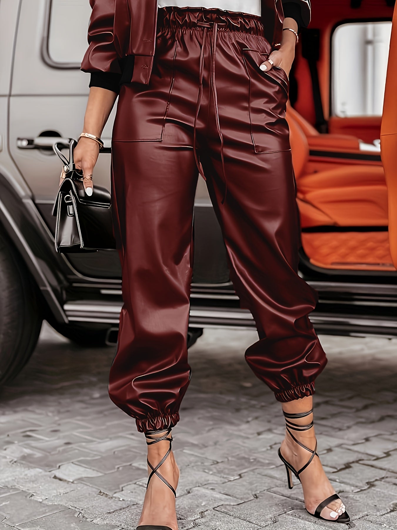 Women's PU Two-Piece Set Long Sleeve Jacket and Pants Solid Color Casual