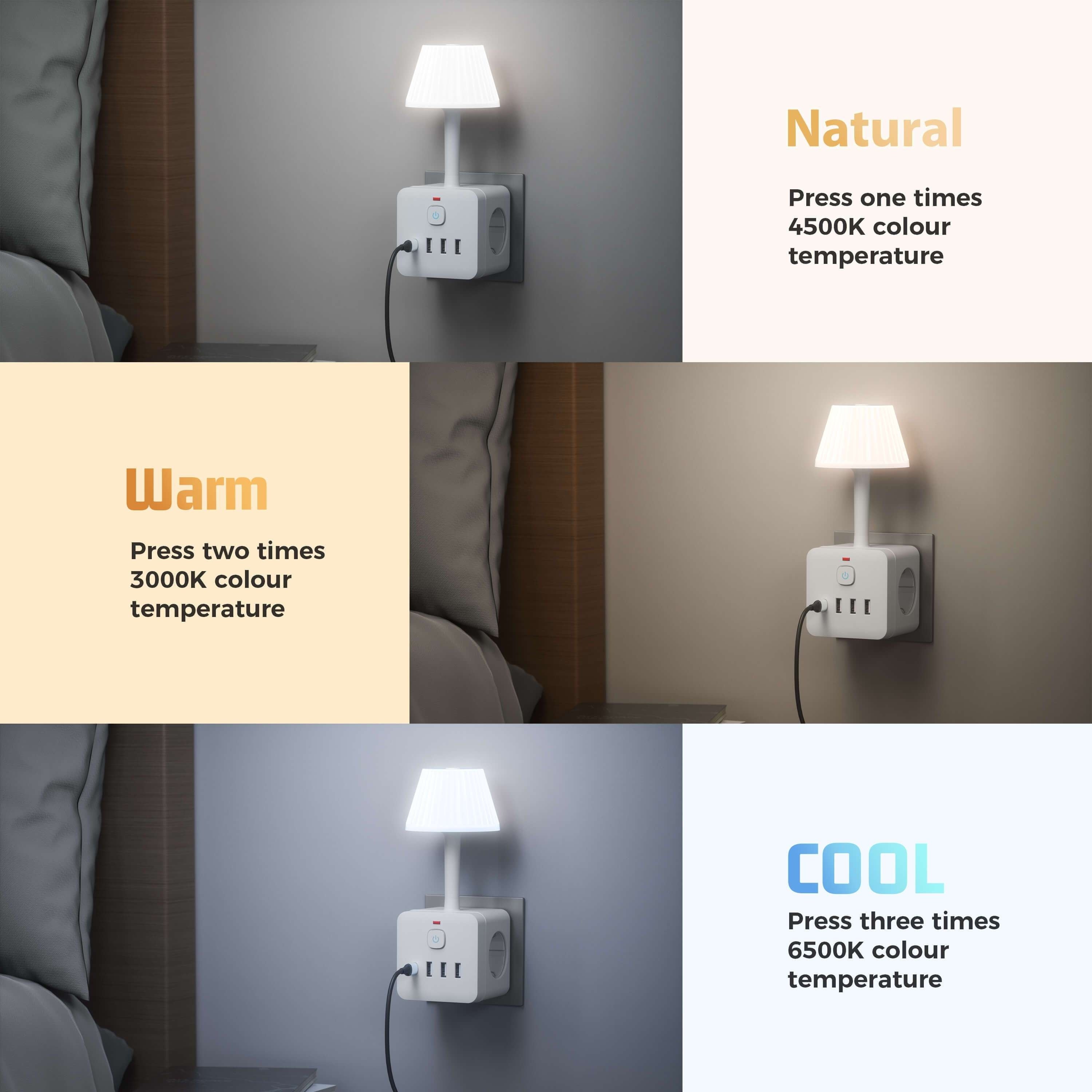 Lámpara de escritorio LED con luz regulable, puertos de carga USB, regleta de alimentación, protección contra sobretensiones, forma de cubo, 220-240V