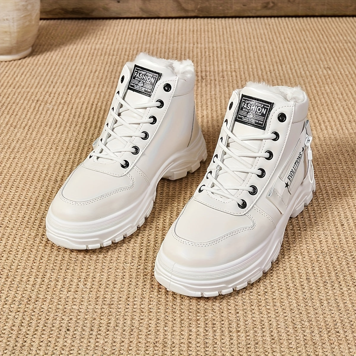 Women's Winter Ankle Boots PU High-Top Lace-Up Warm Insulated Black White