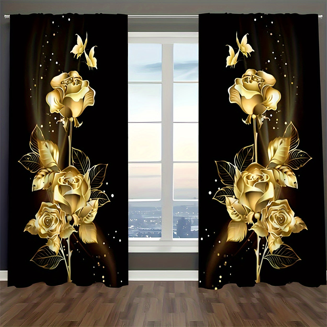 Semi-Transparent Polyester Curtains with Golden Roses and Butterflies for Living Room or Bedroom