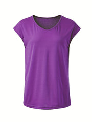 Plus Size Women's Light Blue V-Neck Short Sleeve Polyester Sports T-Shirt