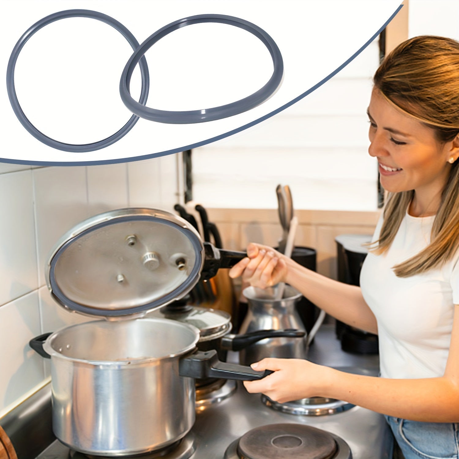 Bosim oshxona idishlari uchun ikki silikon muhr halqasi, o'lchami 22 sm. Ushbu almashtirish qoplamalari toksik bo'lmagan, oziq-ovqat darajasidagi silikondan tayyorlangan va WMF Perfect va Silit Simomtic Quick Cook idishlari bilan mos keladi.