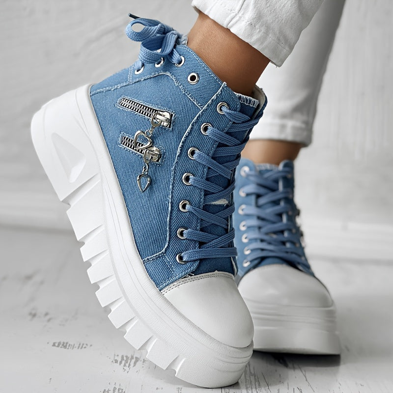 Zapatillas de mezclilla para mujer con cordones, plataforma, cremallera lateral, zapatos casuales