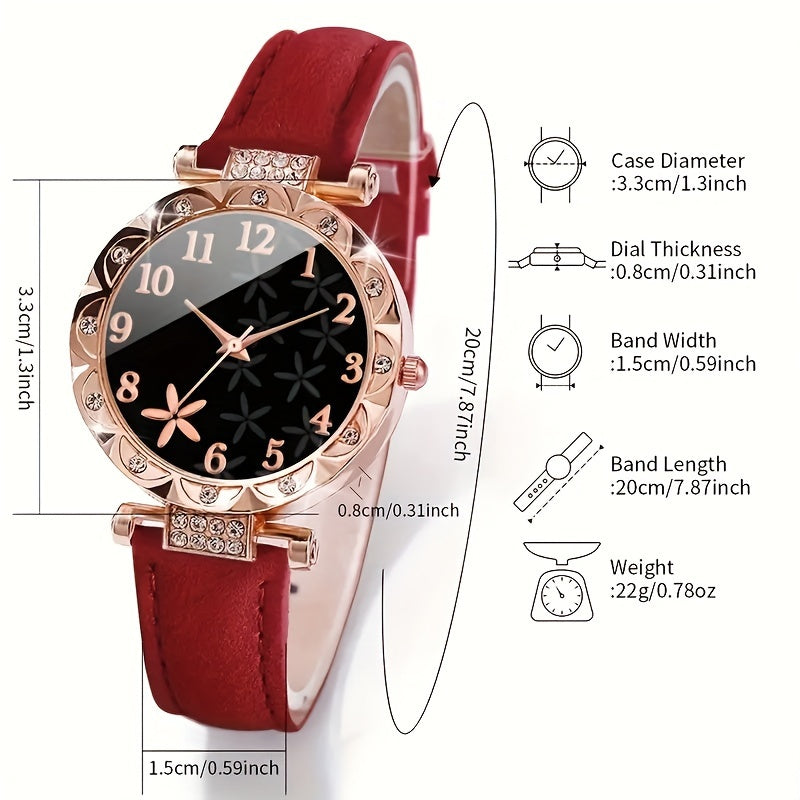 6-Piece Quartz Watch Set with Rhinestones Faux Leather Bracelets for Women