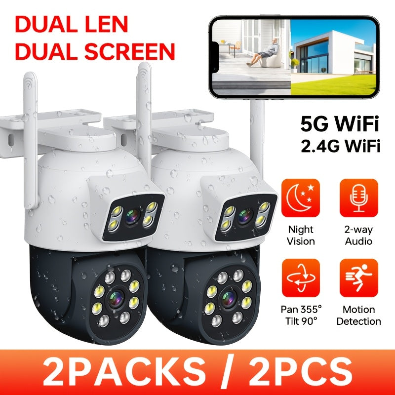 Paquete de 2 cámaras de seguridad de lentes duales para interior con panorámica-inclinación, visión nocturna, focos, sirena, WiFi, seguimiento automático, audio bidireccional
