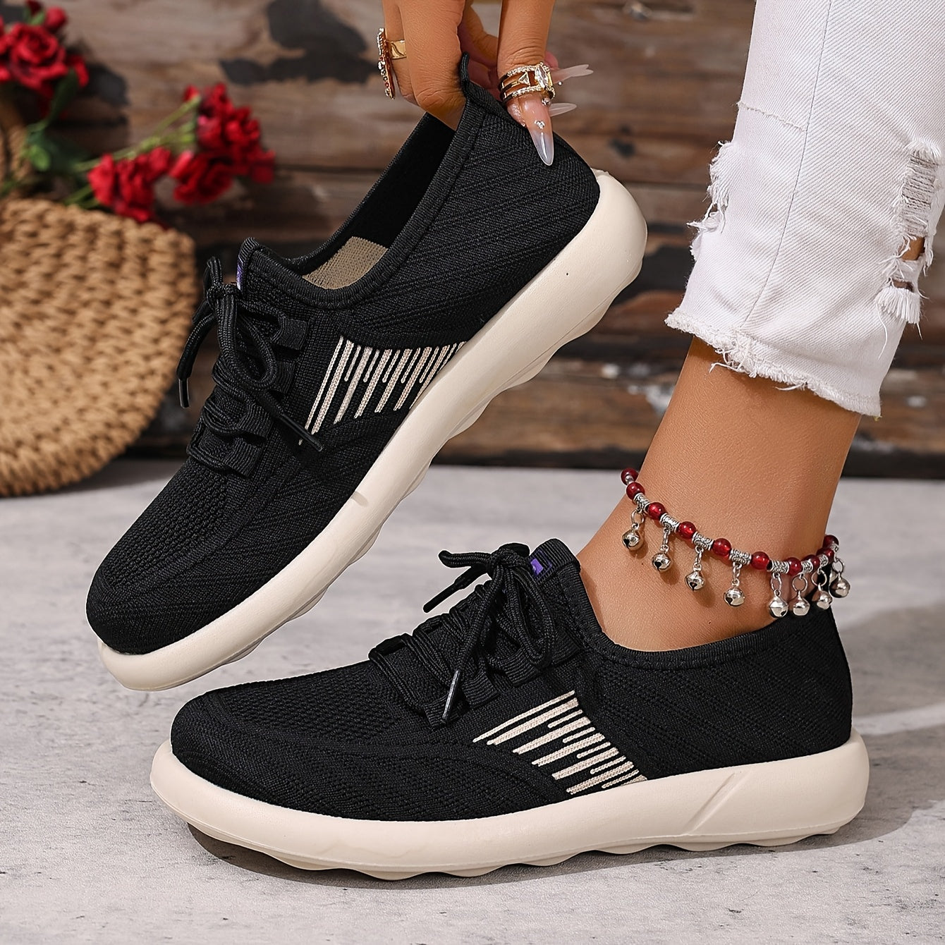 Women's Breathable Black Fabric Slip-On Sneakers Casual Low-Top Shoes