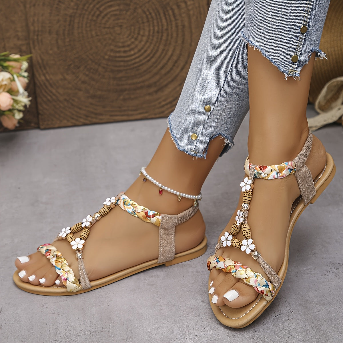 Women's Floral Print Flat Sandals Open Toe T-Strap Summer Casual