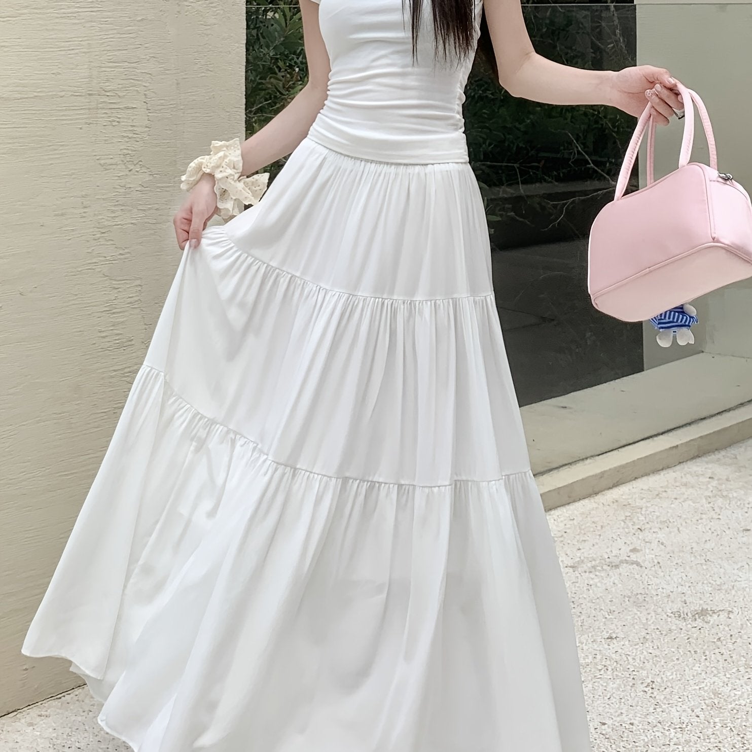 Women's Long Tiered A-Line Skirt Elastic High Waist Flared Hem Solid Polyester for Spring Summer Fall