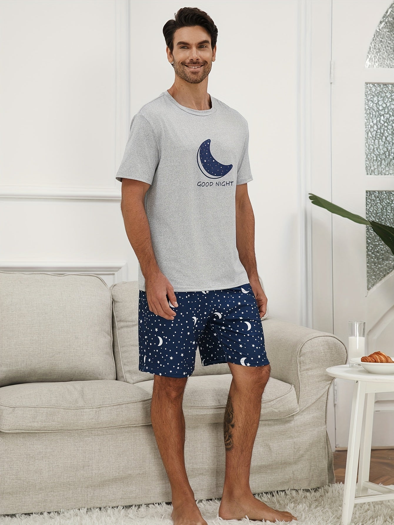 Men's Short Sleeve Galaxy Moon Print Pajama Set Polyester Casual Sleepwear
