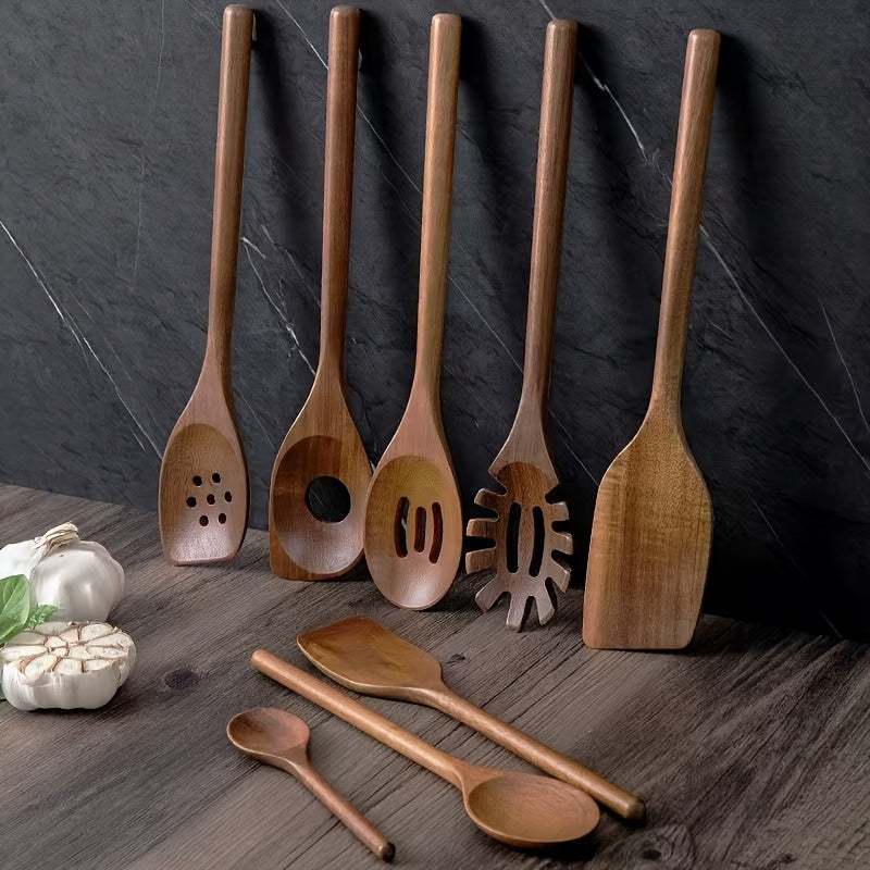 Set of 8 Acacia Wood Kitchen Utensils Non-Stick Heat-Resistant Cooking Tools
