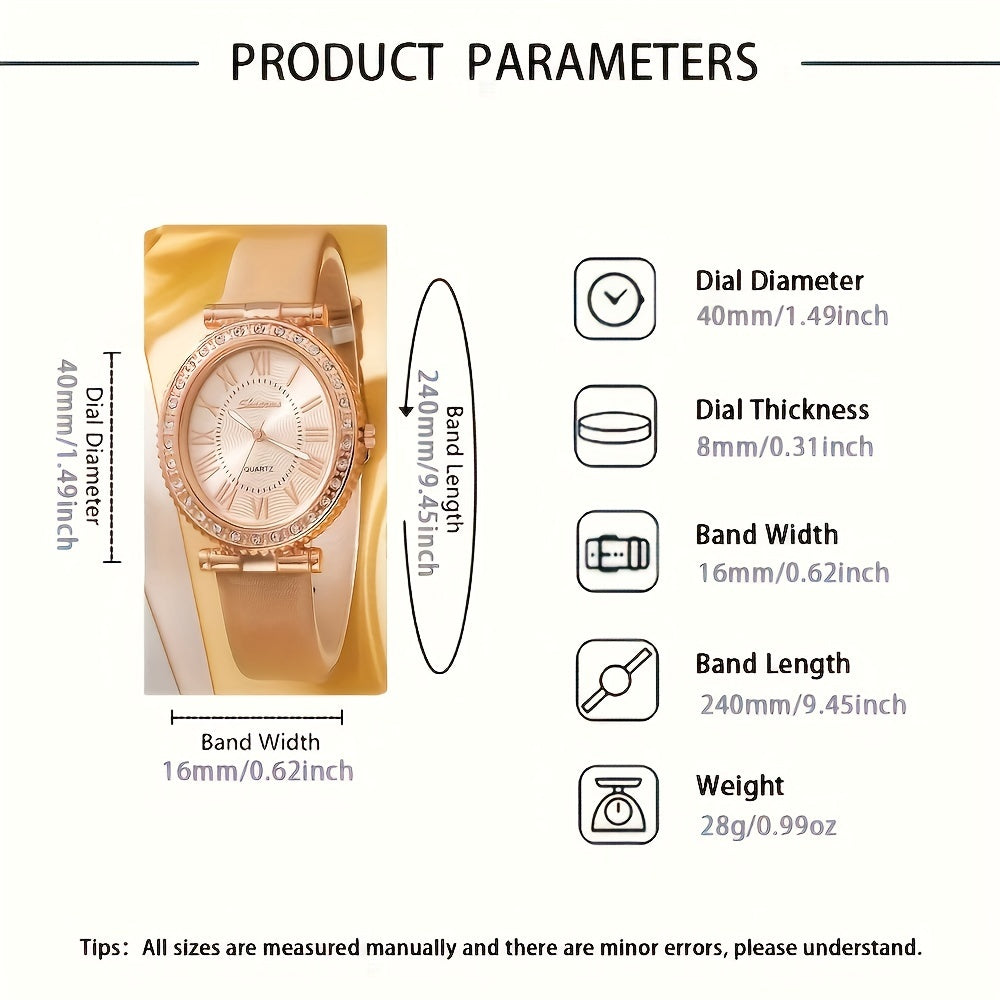 Роскошный набор из 5 женских часов с кварцевым механизмом и стразами. Элегантный овальный корпус с ремешком из PU-кожи. Идеальный подарок для мамы или для нее. Модные часы с классическим дизайном.