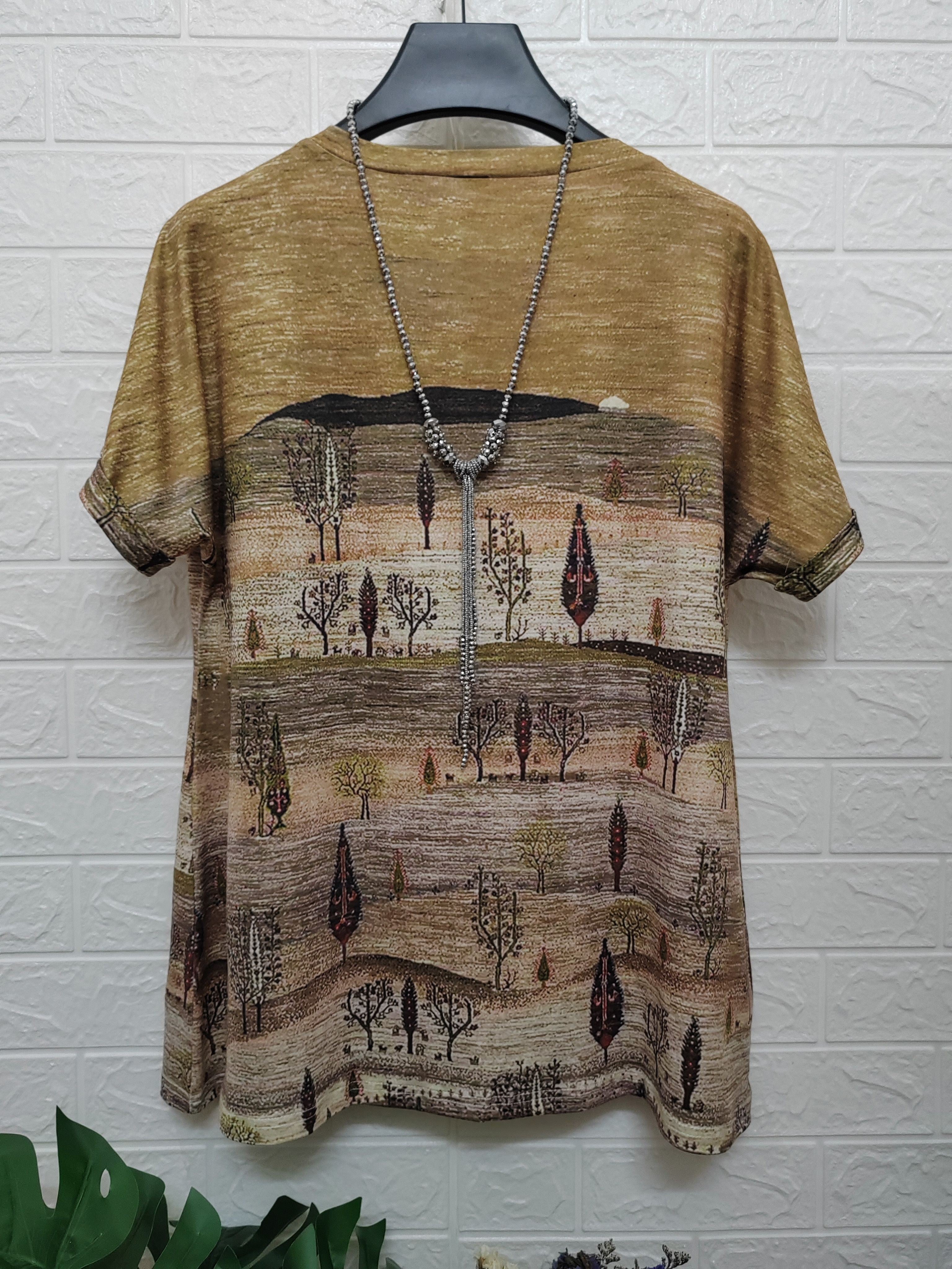 Plus Size Boho Chic V-Neck T-Shirt for Women Ethnic Print Summer Casual Knit Polyester Spandex