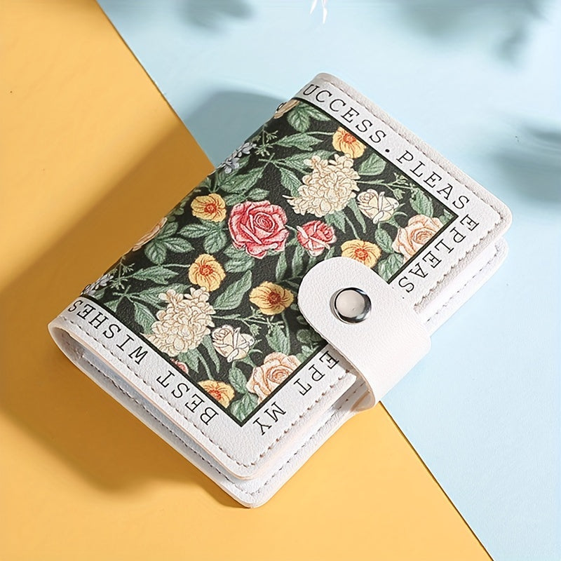 Sintetik charmli ayollar uchun hamyon, bir nechta karta joylari, tugmachali yopilish va yorqin atirgul dizayni bilan.