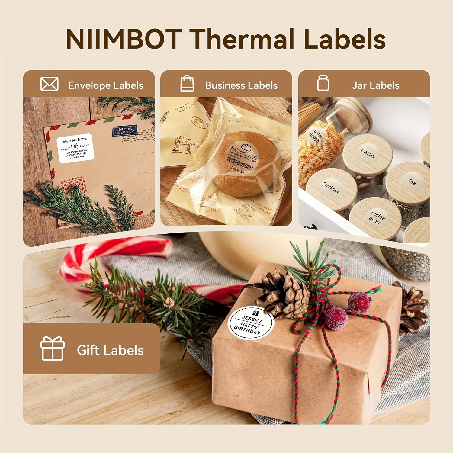 NIIMBOT B1/B21/B3S uchun mos termal transfer yorliqlari, 50x30mm, 230 yorliq/rolik, suv o'tkazmaydigan, yog'ga chidamli, oq PVC lenta, 1 rolik