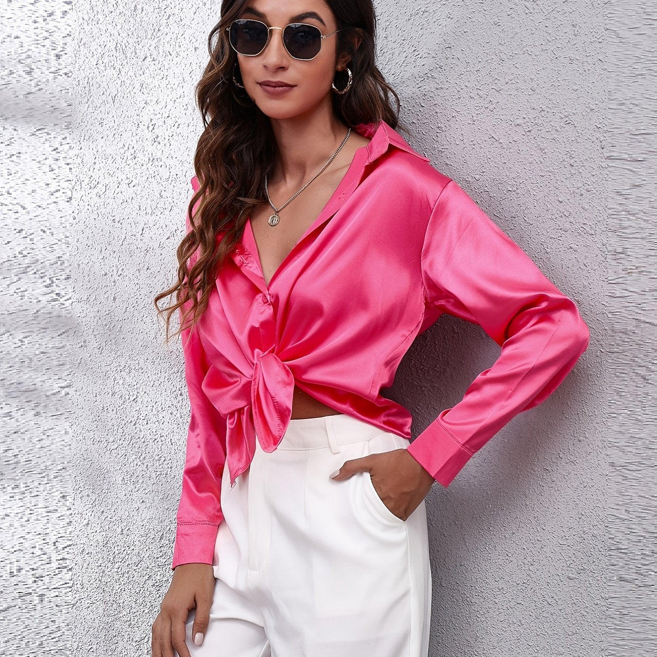 Women's Satin Shirt Long Sleeve Solid Color Lapel Collar Regular Length Single Breasted Elegant Polyester